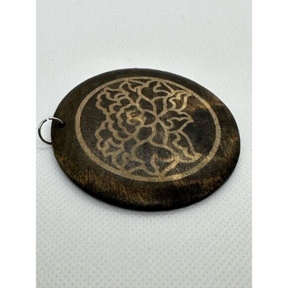 Handcrafted Wooden Circle Pendant With Carved Floral Design - Picture 3 of 4